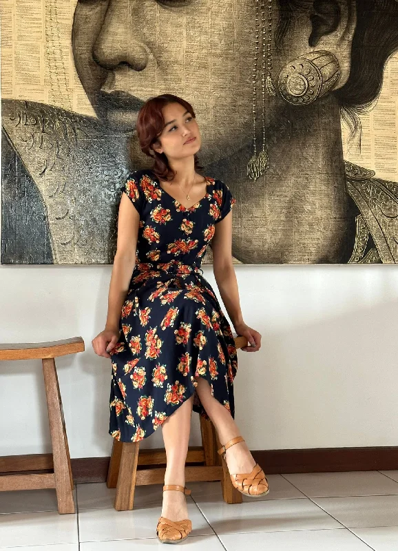 Tuscan Navy & Peonies Floral Dress Tunics Solid Classic
