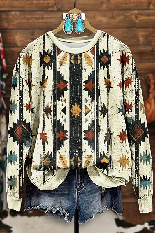 Retro Western Aztec Arrow Print Sweatshirt Hoodie with Stripes Bold Sporty