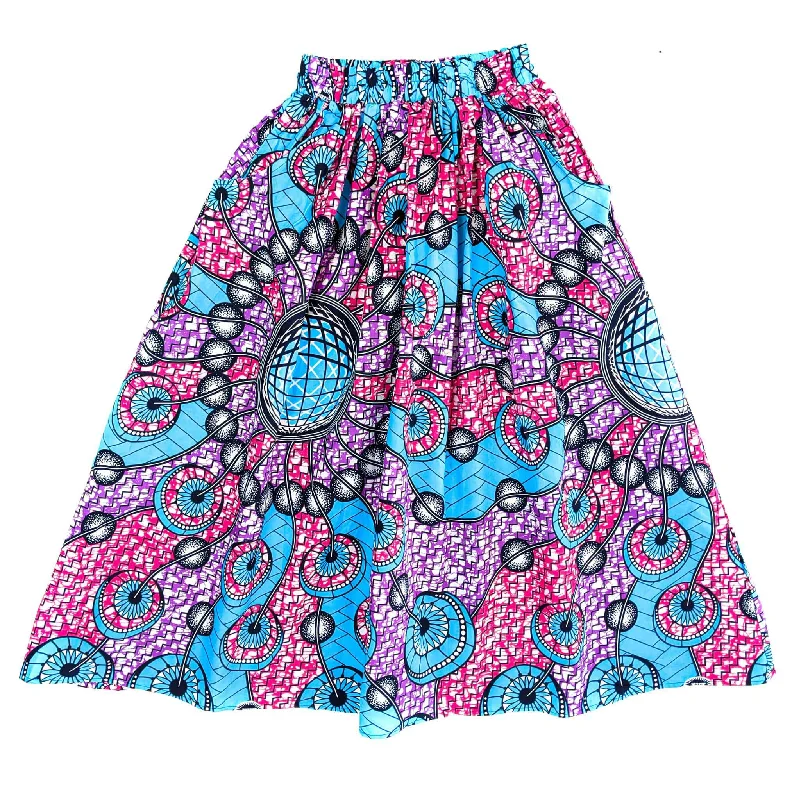 Handmade Blue Multi Ankara Print Midi Skirt silk skirt elegant