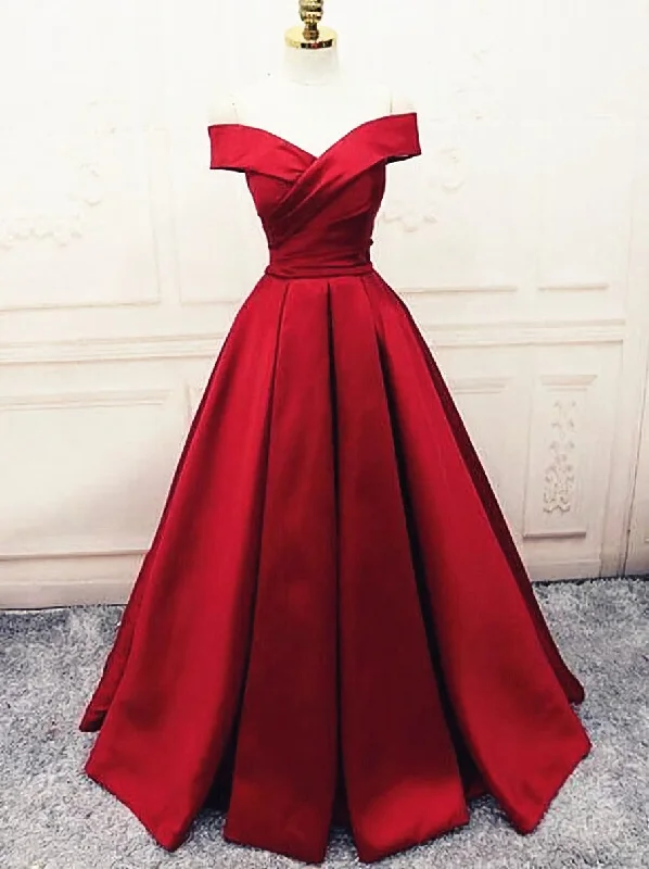 Fashionable Dark Red Satin Simple Off Shoulder Prom Dress, Red Party Dress Evening Dress Tunics Vintage classic Fashionable Dark Red Satin Simple Off Shoulder Prom Dress, Red Party Dress Evening Dress Tunics Vintage classic