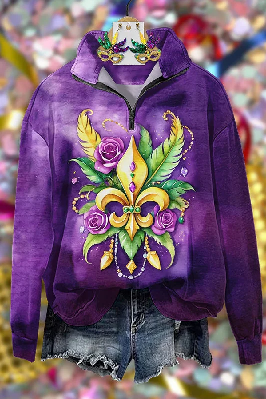 Carnival Print Zip-Up Sweatshirt Hoodie with Ribbed Cuffs Snug Fit Comfort