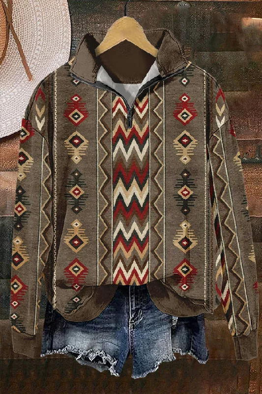 Cozy Western Aztec Totem Print Sweatshirt Hoodie with Button Classic Timeless