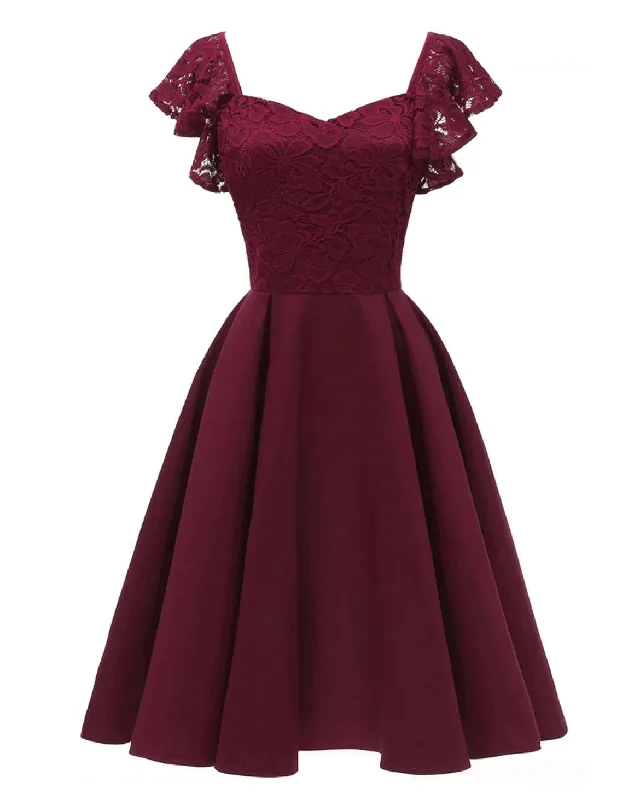 1950s Wine Midi Length Lace and Satin Party Prom Dresses Short Butterfly Sleeves Tunics Short Trendy