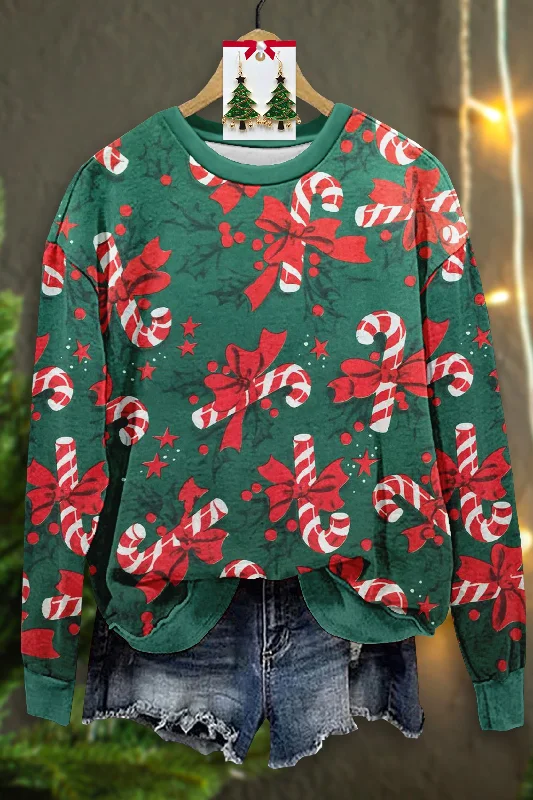 Vintage Christmas Candy Print Sweatshirt Hoodie with Back Slit Movement Comfort