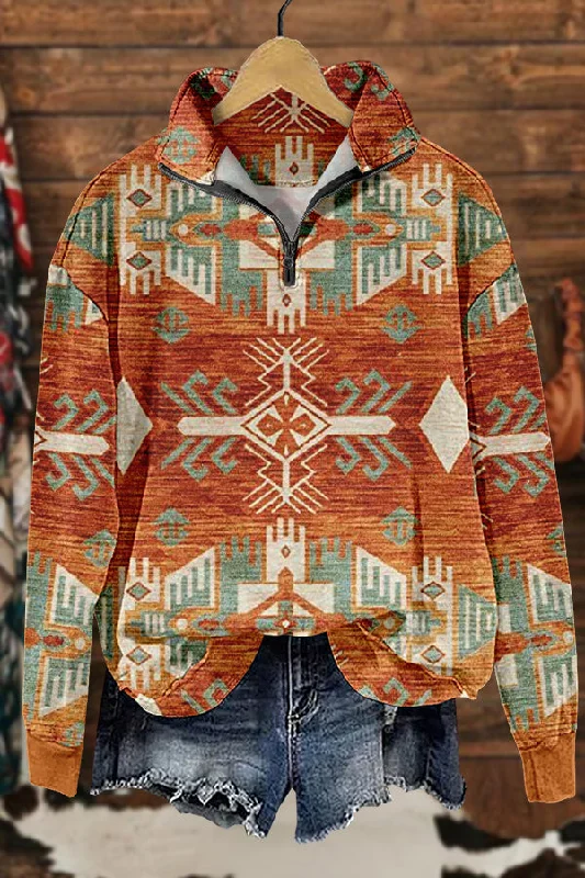 Western Aztec National Totem Print Sweatshirt Hoodie with Applique Textured Unique