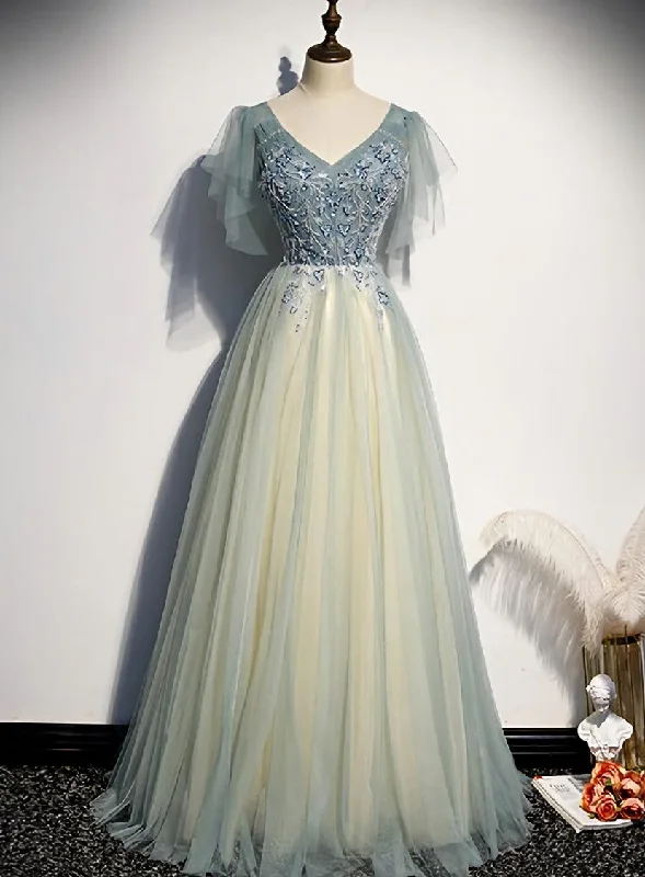 Lovely Tulle with Beaded V-neckline Long Party Dress, A-line Prom Dress Evening Dress Tunics Business professional Lovely Tulle with Beaded V-neckline Long Party Dress, A-line Prom Dress Evening Dress Tunics Business professional