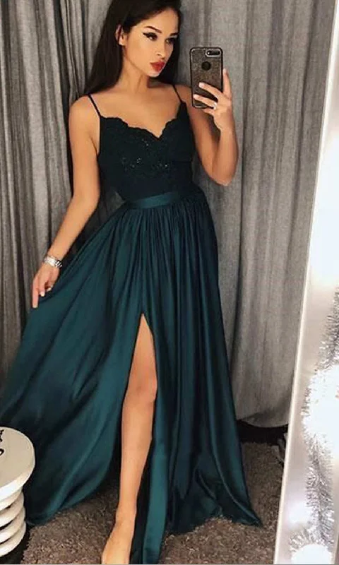 Spaghetti Straps Green Lace Long Slit Prom Dresses  P533 Tunics Luxurious high-end
