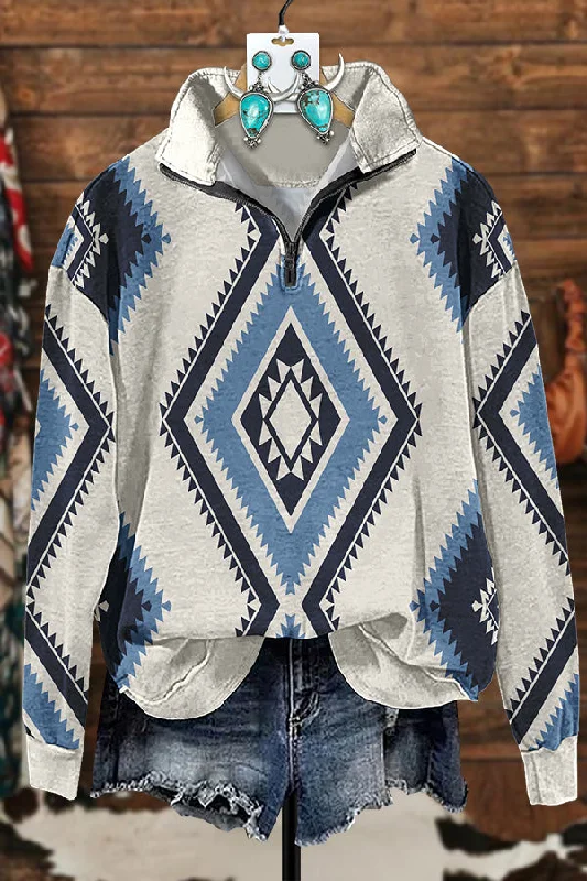 Retro Geometric Aztec Zipper Sweatshirt Hoodie with Hem Raw Edge Edgy Unfinished