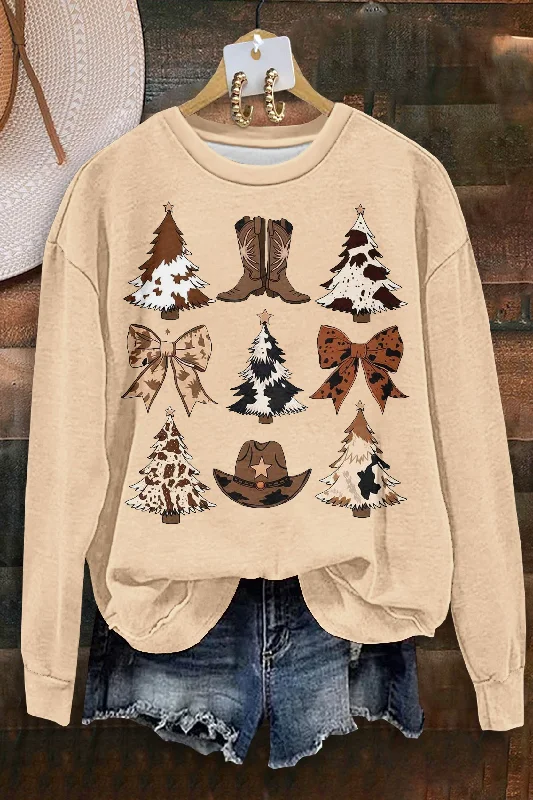 Western Christmas Print Long Sleeve Sweatshirt Hoodie with Hem Drawcord Adjustable Customizable Western Christmas Print Long Sleeve Sweatshirt Hoodie with Hem Drawcord Adjustable Customizable