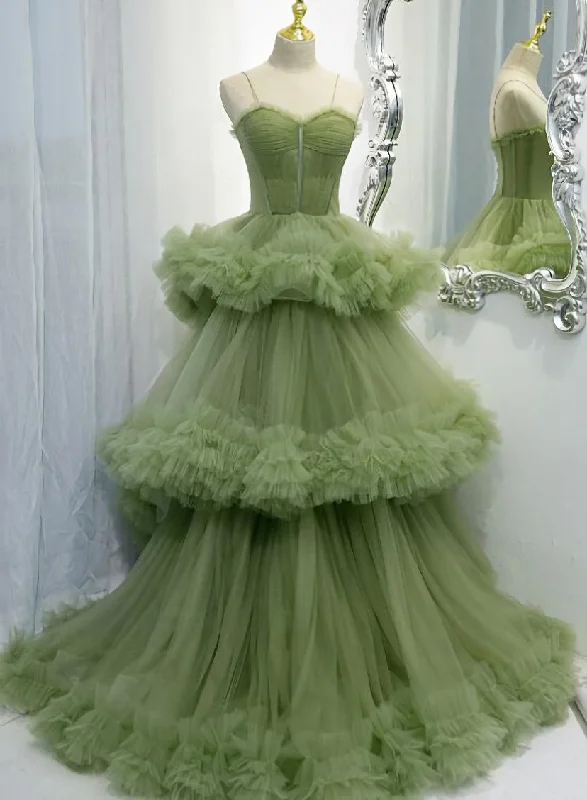 Green Tulle Layers Straps Sweetheart Long Evening Dress Party Dress, Green Formal Dress sweetheart Neckline Romantic Green Tulle Layers Straps Sweetheart Long Evening Dress Party Dress, Green Formal Dress sweetheart Neckline Romantic