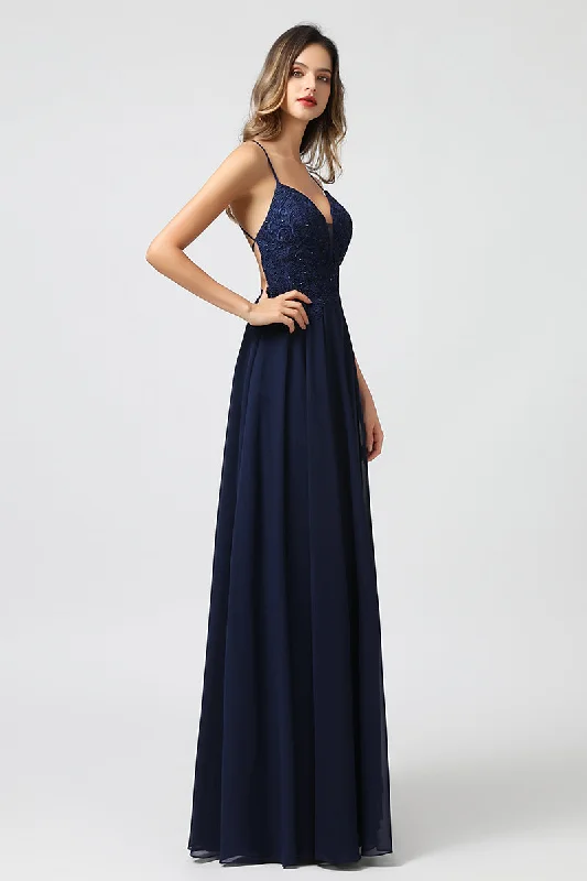 Dark Blue Appliqued Strappy Prom Dresses Long with String Back Tunics Fleece cozy