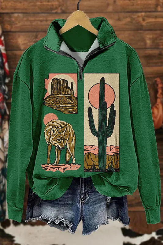 Retro Western Cactus Print Sweatshirt Hoodie with Toggle Buttons Decorative Unique