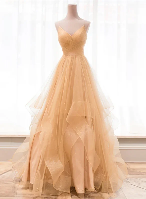 Light Champagne V-neckline Layers Straps Shiny Tulle Party Dress, Champagne Evening Gown Formal Dress Tunics Leisure comfortable Light Champagne V-neckline Layers Straps Shiny Tulle Party Dress, Champagne Evening Gown Formal Dress Tunics Leisure comfortable
