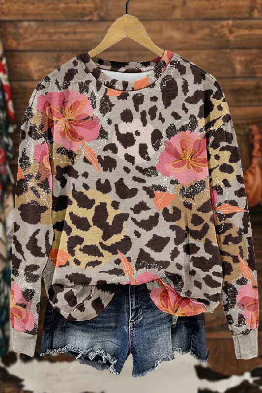 Sweet Flower Leopard Print Sweatshirt Hoodie with Raglan Sleeves Sporty Comfortable