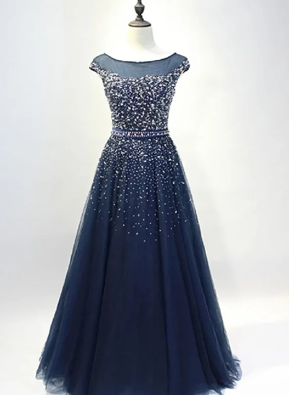 Navy Blue Shiny Sequins Round Neckline Tulle Party Dress, A-line Tulle Blue Evening Dress Prom Dress Tunics Top Casual Navy Blue Shiny Sequins Round Neckline Tulle Party Dress, A-line Tulle Blue Evening Dress Prom Dress Tunics Top Casual