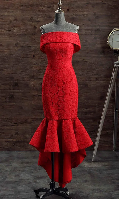 Off Shoulder Red Lace Short Mermaid Prom Dresses with Fishtail P492 Tunics Review highly Off Shoulder Red Lace Short Mermaid Prom Dresses with Fishtail P492 Tunics Review highly