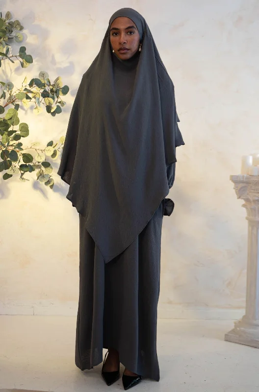 Dark Gray Ruched Cuff Bell Sleeves Abaya Maxi Dress