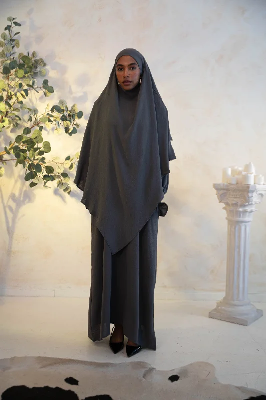 Dark Gray Ruched Cuff Bell Sleeves Abaya Maxi Dress