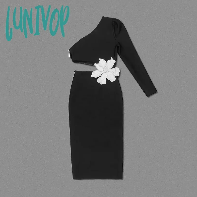 Lunivop New Sexy Bodycon Black One Shoulder Long Sleeve Hollow Flower  Bandage Dress Vestidos Para Mujer Formal Occasion Birthday Party