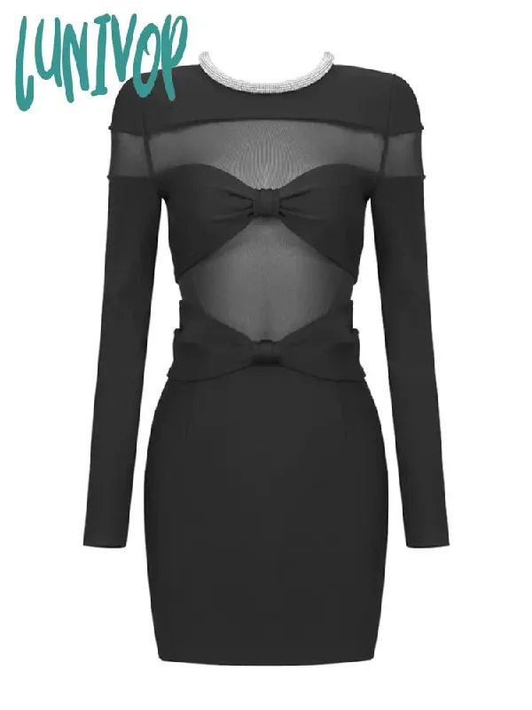 Lunivop Women Elegant Black Long Sleeved O-Neck Bow Mesh Patchwork Fashion Bodycon Mini Dress Birthday Evening Cocktail Party Dresses