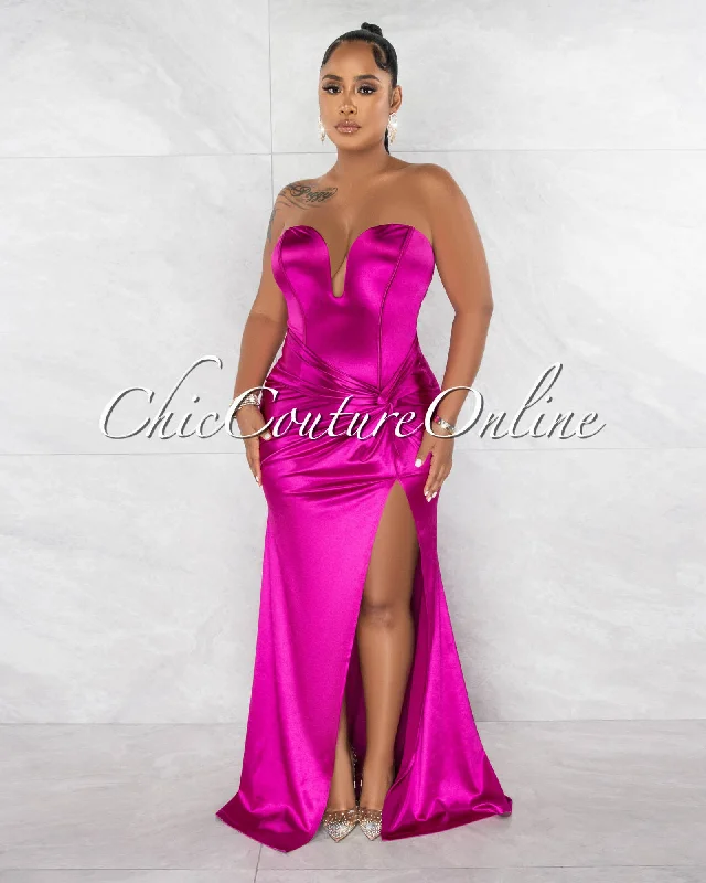 Stellie Magenta Strapless Knot High Slit Silky Maxi Dress