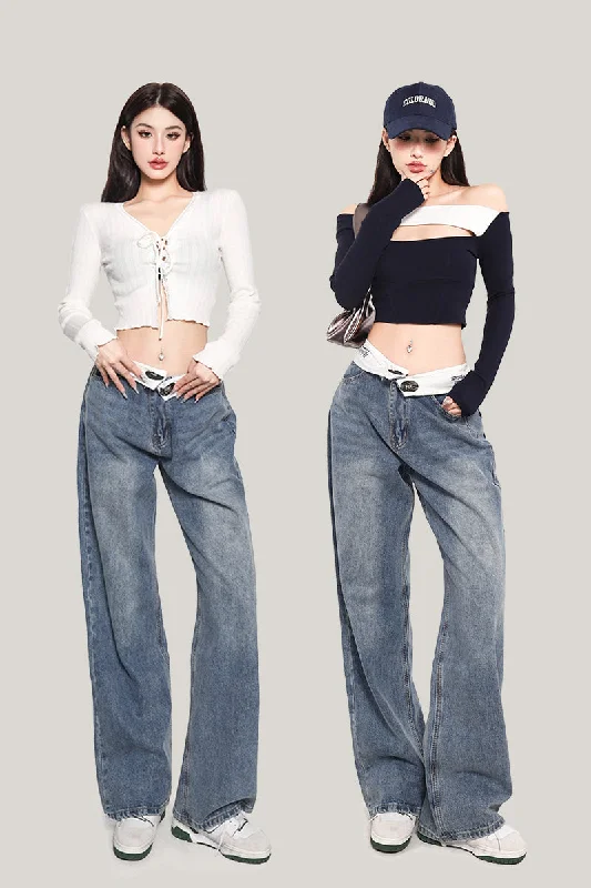 Zhou Vintage Denim Blue Wide-leg High Waist Lapel Fold Straight Leg Jeans Pants