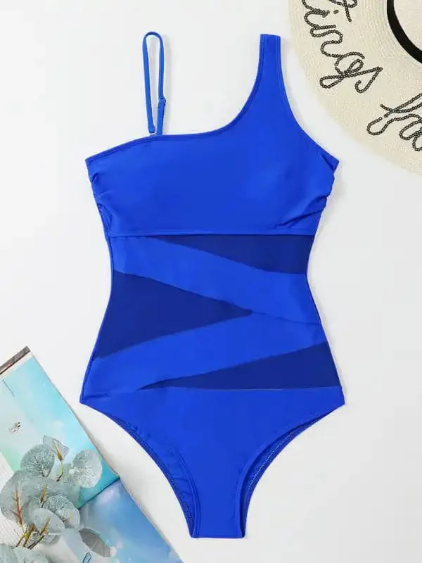 Women’s Solid Color One-Shoulder One-Piece Swimsuit