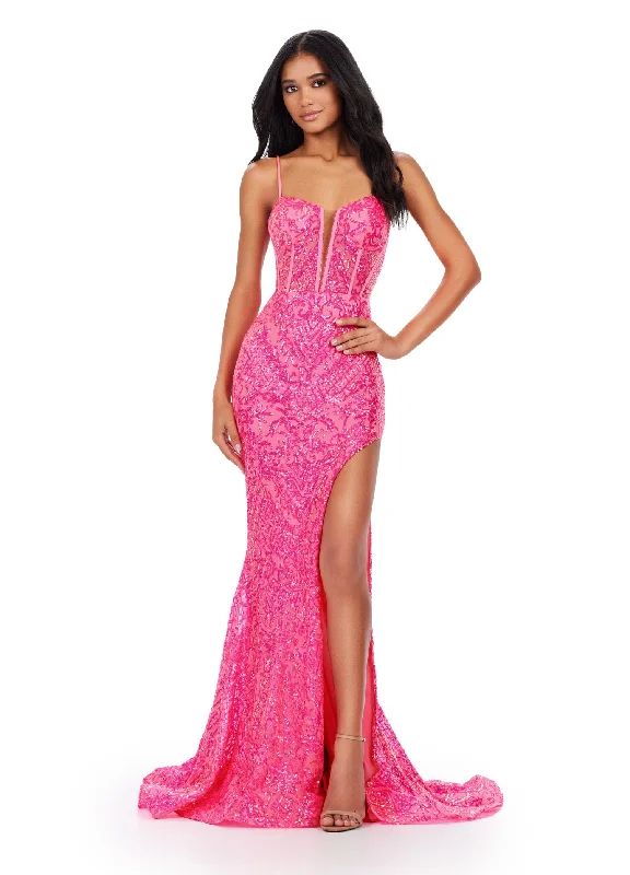 Ashley Lauren 11464 Long Prom Dress Corset Spaghetti Strap Stretch Sequin Gown Deep V-Neckline Side Slit Formal Pageant