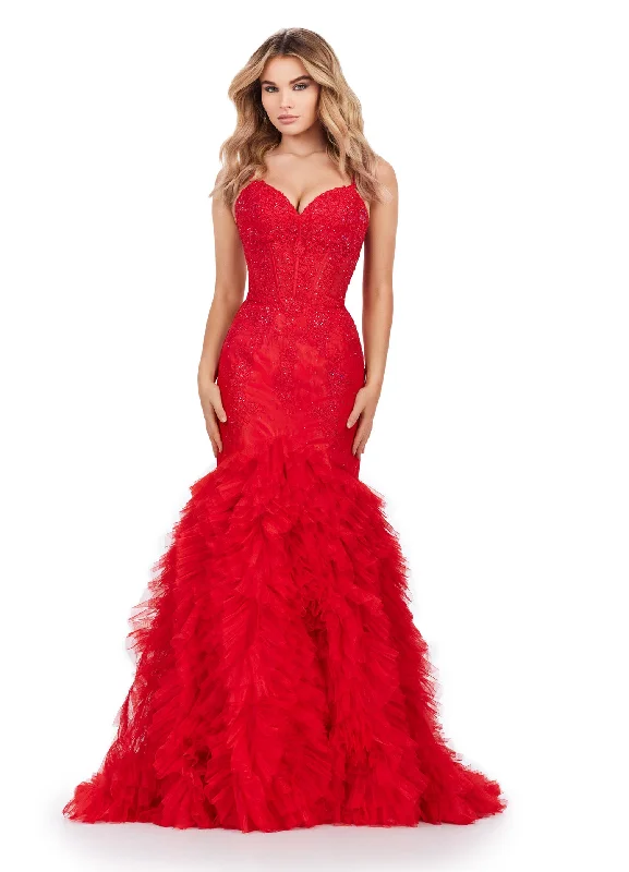 Ashley Lauren 11475 Long Prom Dress Mermaid Spaghetti Strap Corset Bustier Ruffled Tulle Skirt  Formal Pageant Gown
