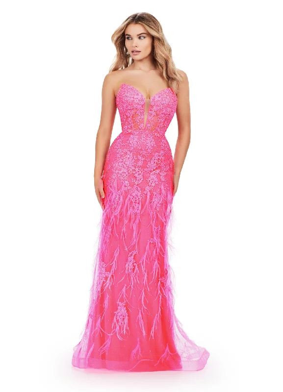 Ashley Lauren 11483 Long Prom Dress Corset Strapless Embroidered Gown V-Neckline Feather Details Formal Pageant Gown