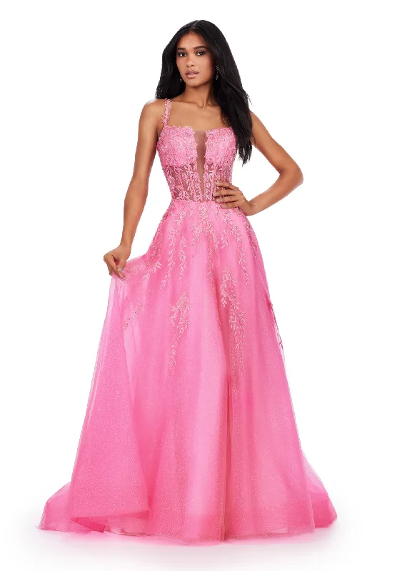 Ashley Lauren 11526 Long Prom Dress Corset Spaghetti Strap Gown V-Neckline Glitter Tulle Skirt Formal Pageant