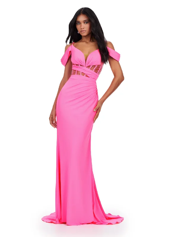 Ashley Lauren 11536 Long Prom Dress Spaghetti Strap Jersey Gown Exposed Corset Boning Formal Pageant Gown