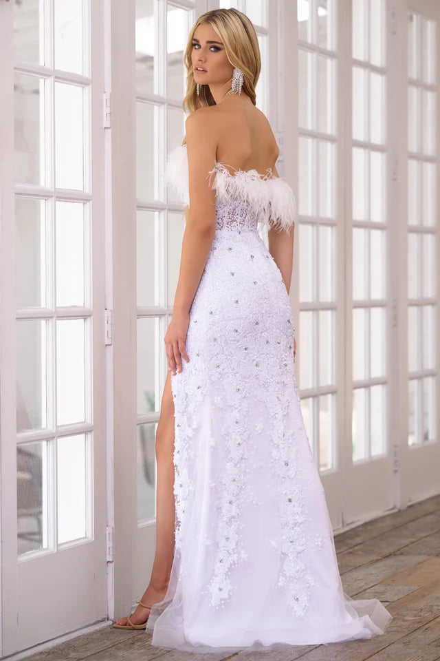 Ava Presley 39231 Long Prom Dress Strapless Corset High Slit Beaded Detail Feathers Formal Pageant Gown