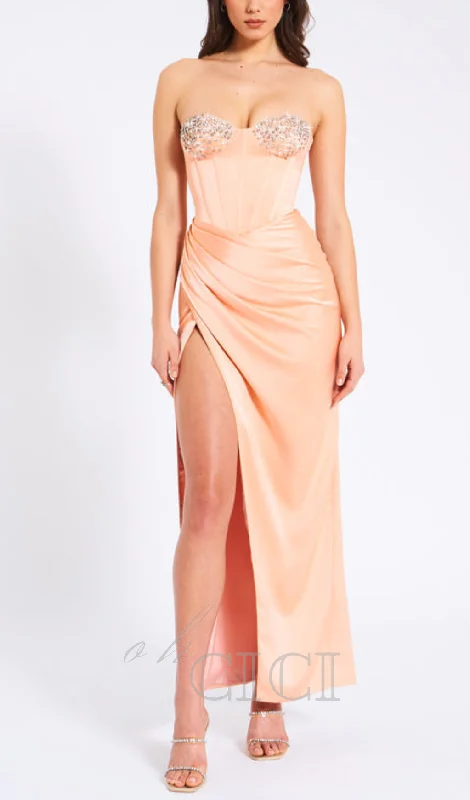 BLUSH SATIN CORSET SLIT GOWN WITH CRYSTAL EMBELLISHED