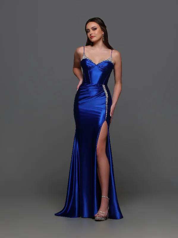 Candice Wang 72345 Fitted Satin Corset Crystal V Neck Prom Dress Formal Gown Slit