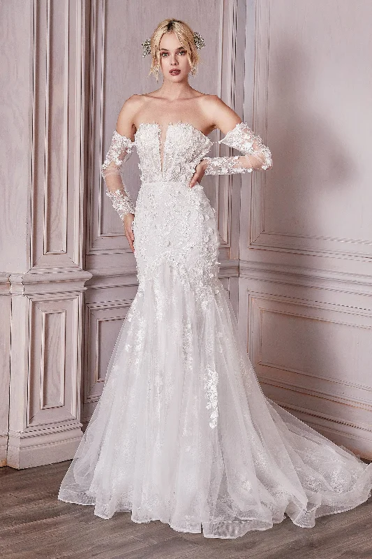 CINDERELLA DIVINE CD977W Fitted Strapless Lace Sleeves Bridal Gown