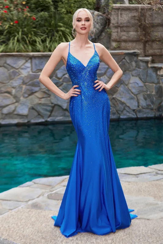 CINDERELLA DIVINE CDS413 Stretch Satin Sheer Lace Side Gown
