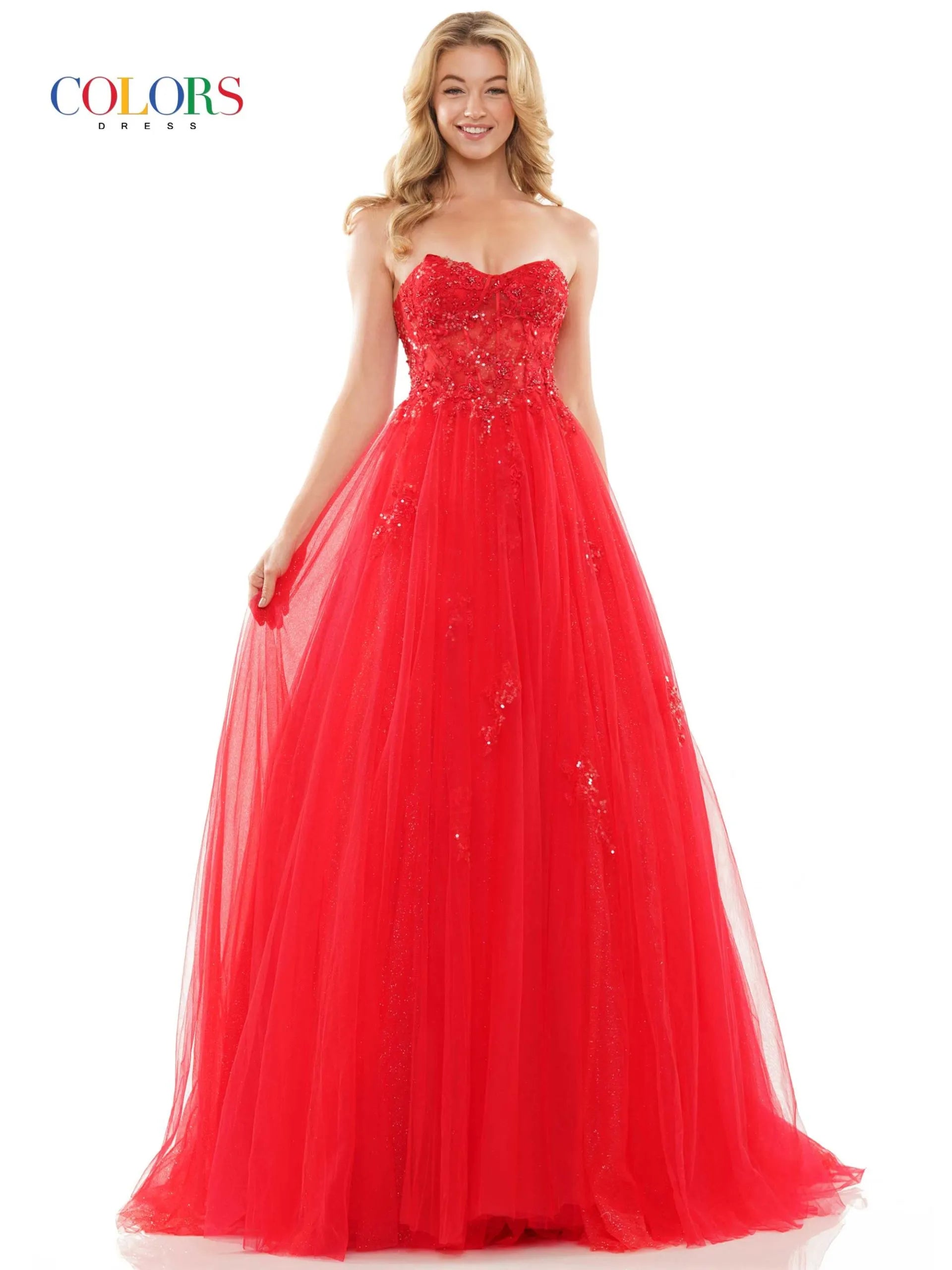 Colors Dress  2898 Long Prom Dress A-Line Corset Tulle Lace Applique Formal Pageant Gown
