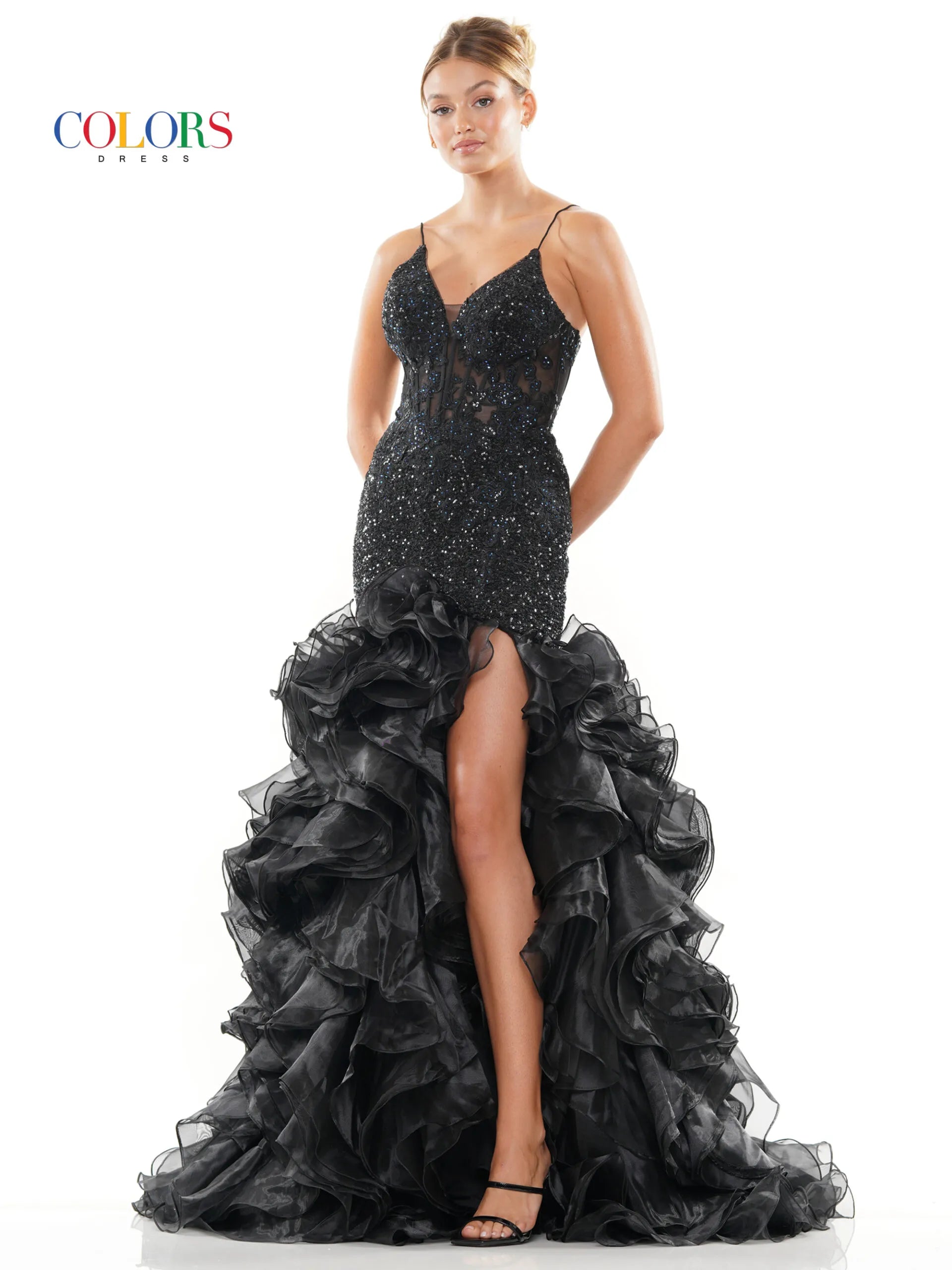 Colors Dress 3214 Layer Ruffle Mermaid Prom Dress High Slit Lace Sequin Sheer Corset