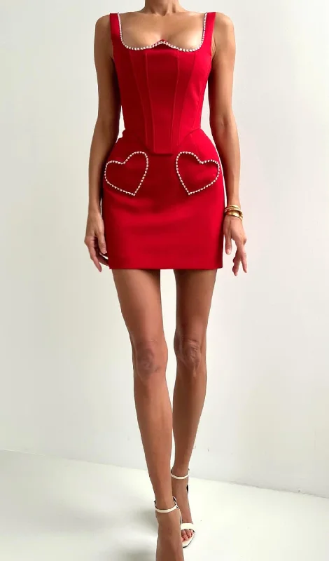 CRYSTAL HEART CORSET TWO PIECE DRESS IN RED