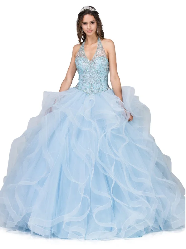 Dancing Queen - 1305SC Embellished Halter V-Neck Ruffled Ballgown