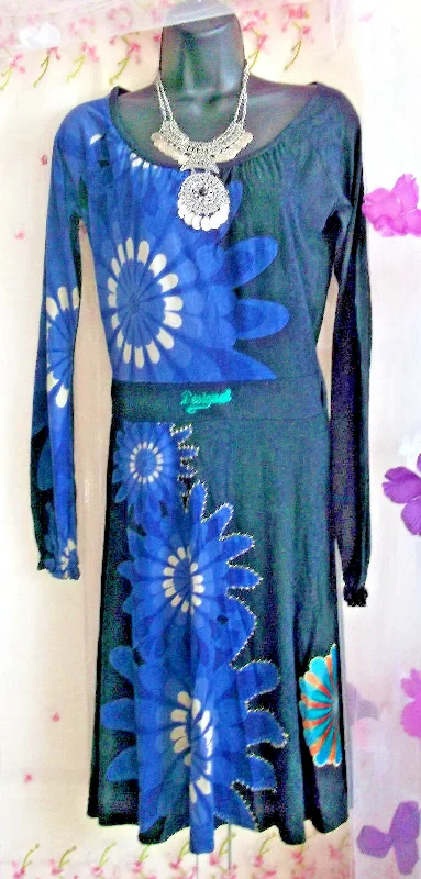 DESIGUAl long full skirt black blue multi colour print cotton jersey dress 10/1