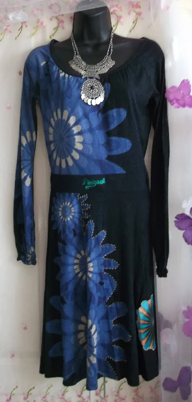 DESIGUAL long full skirt black blue multi colour print cotton jersey dress Size small 10-12uk