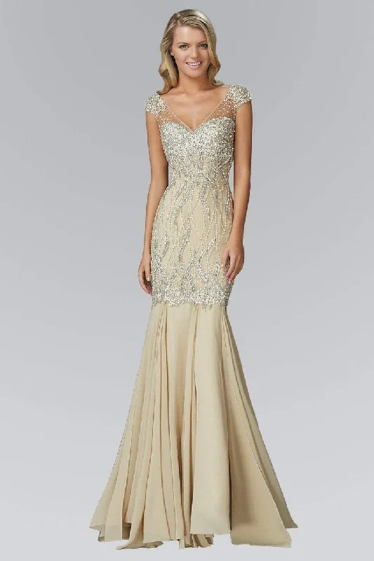 Elizabeth K GL2123- Embellished Illusion V Neck Trumpet Gown