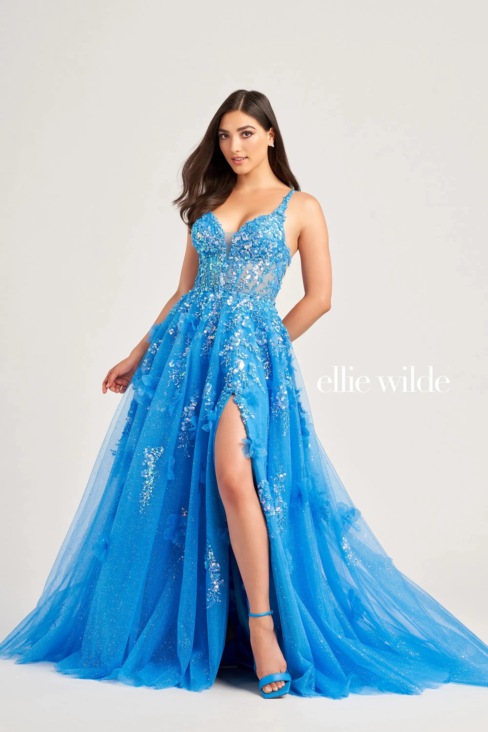 Ellie Wilde EW35047 Sheer Sequin A Line Backless Prom Dress Lace Slit Corset Formal Gown Ellie Wilde EW35047 Sheer Sequin A Line Backless Prom Dress Lace Slit Corset Formal Gown