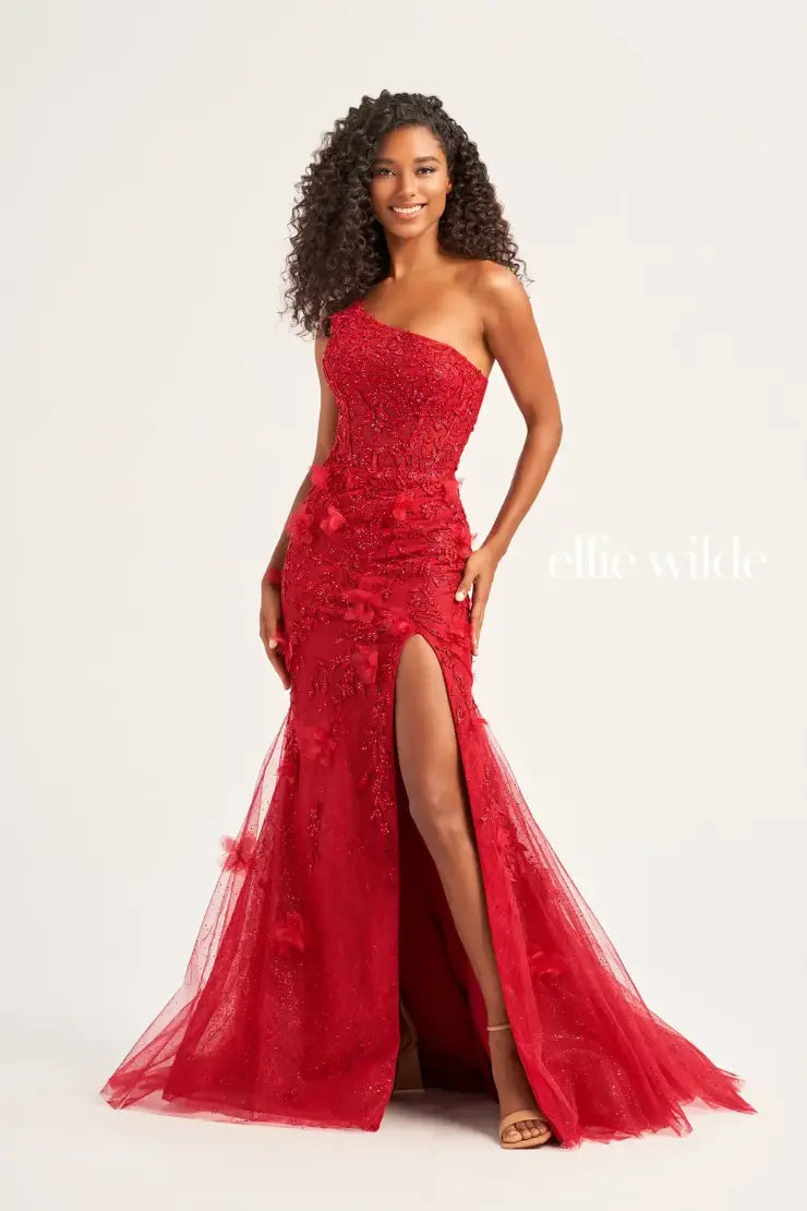 Ellie Wilde EW35049 Sheer Shimmer Lace Corset Prom Dress Mermaid Backless Slit Gown