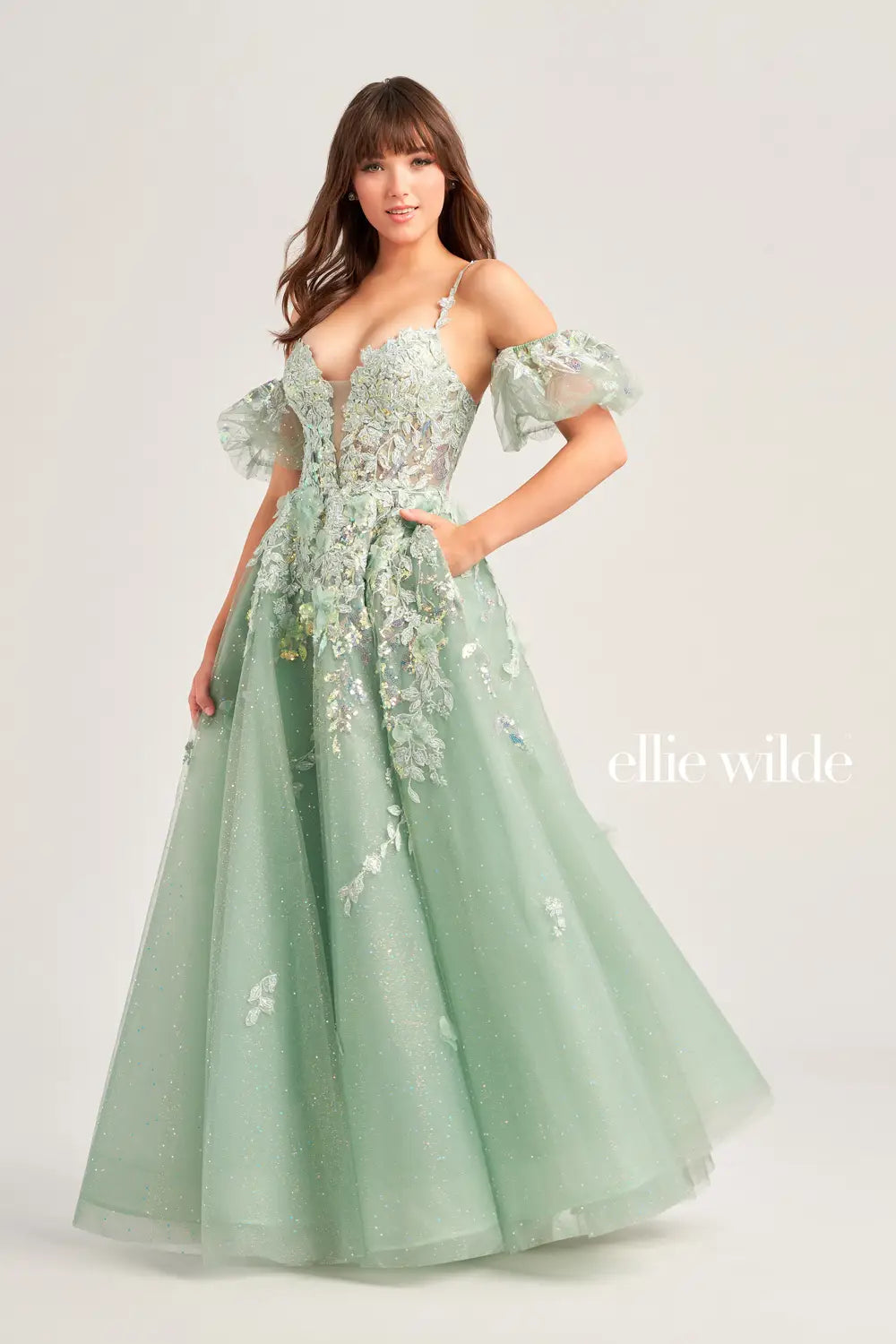 Ellie Wilde EW35205 Sheer Sequin Lace Corset A Line Prom Dress Puff Sleeve Shimmer Gown Ellie Wilde EW35205 Sheer Sequin Lace Corset A Line Prom Dress Puff Sleeve Shimmer Gown