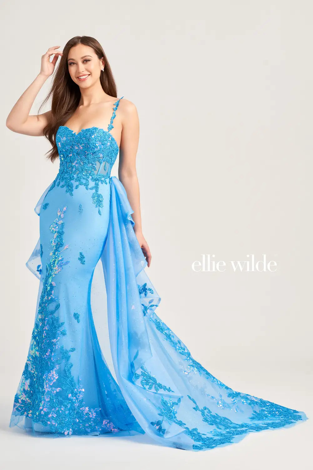 Ellie Wilde EW35207 Lace Sequin Sheer Corset Pageant Dress Side Overskirt Prom Gown