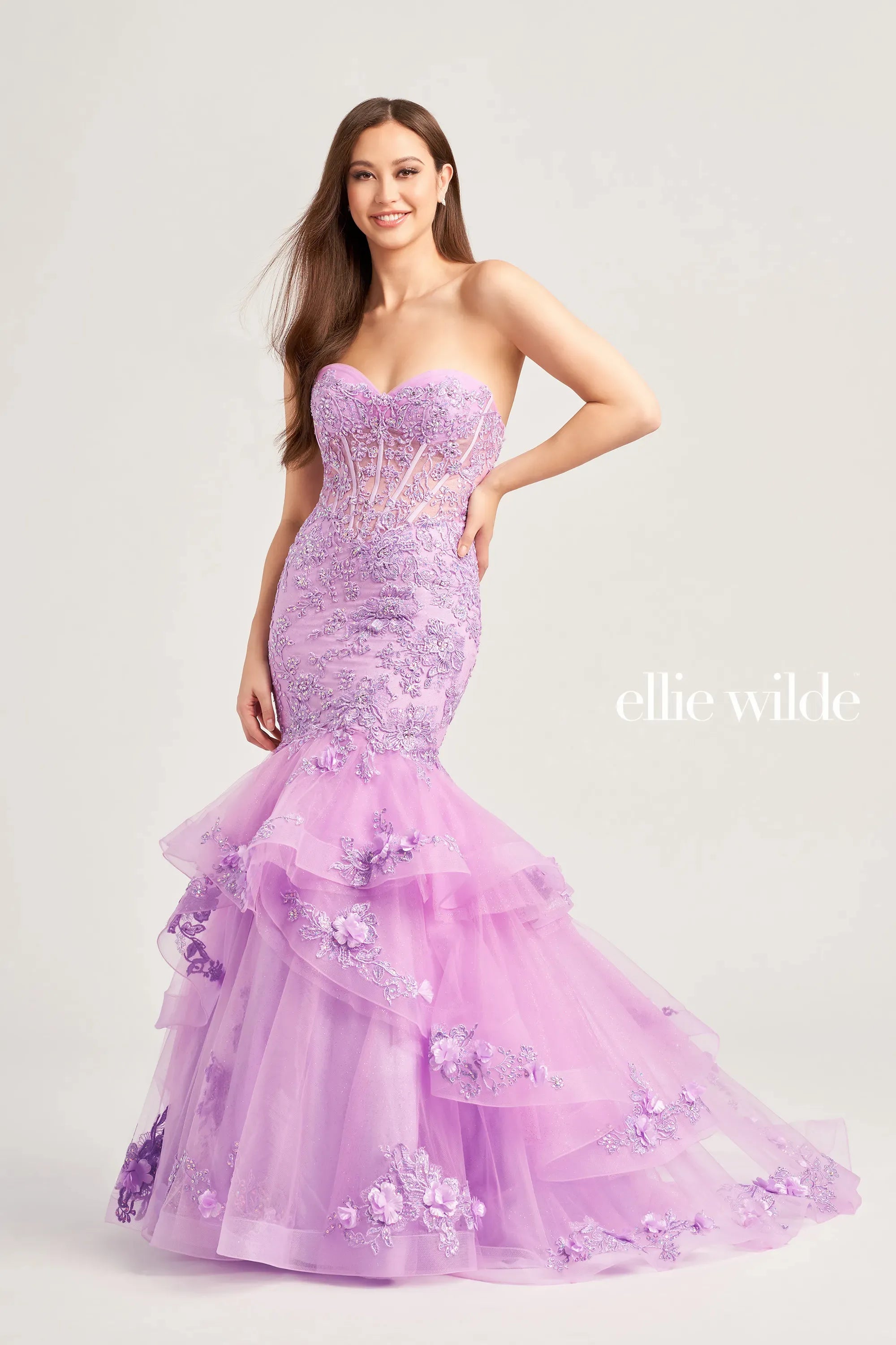 Ellie Wilde EW35239 Sheer Corset Lace Mermaid Prom Dress Shimmer Ruffle Layer Skirt