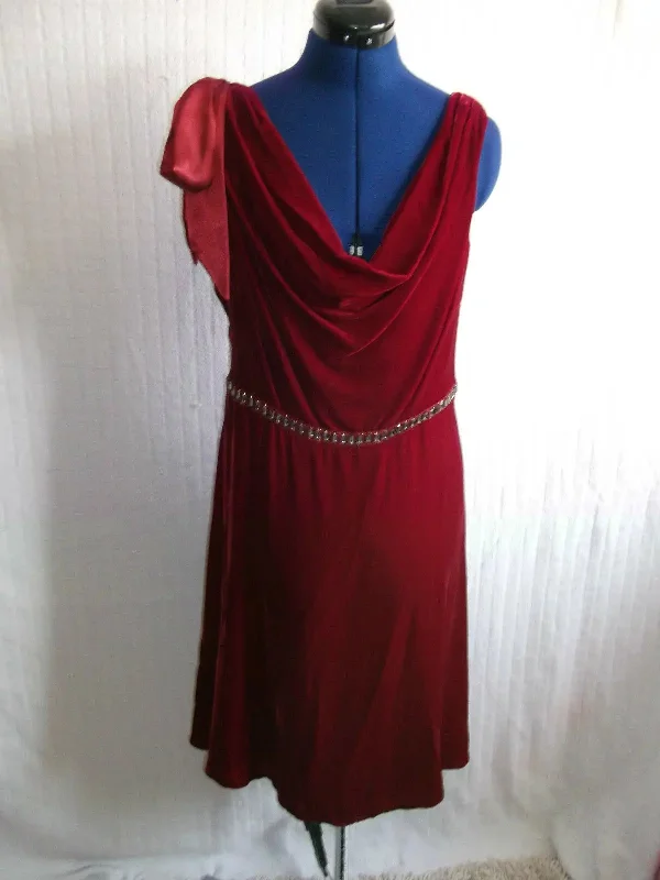 gorgeous deep red velvet occasion dress.size14,cowl neck,satin necktie
